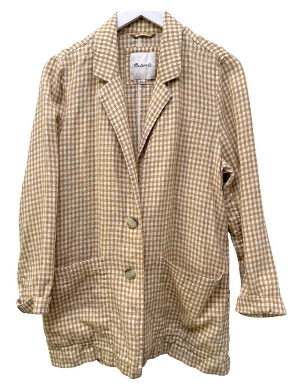 MADEWELL Linen Dorset Blazer Gingham Check Beige Size Large Womens Jacket